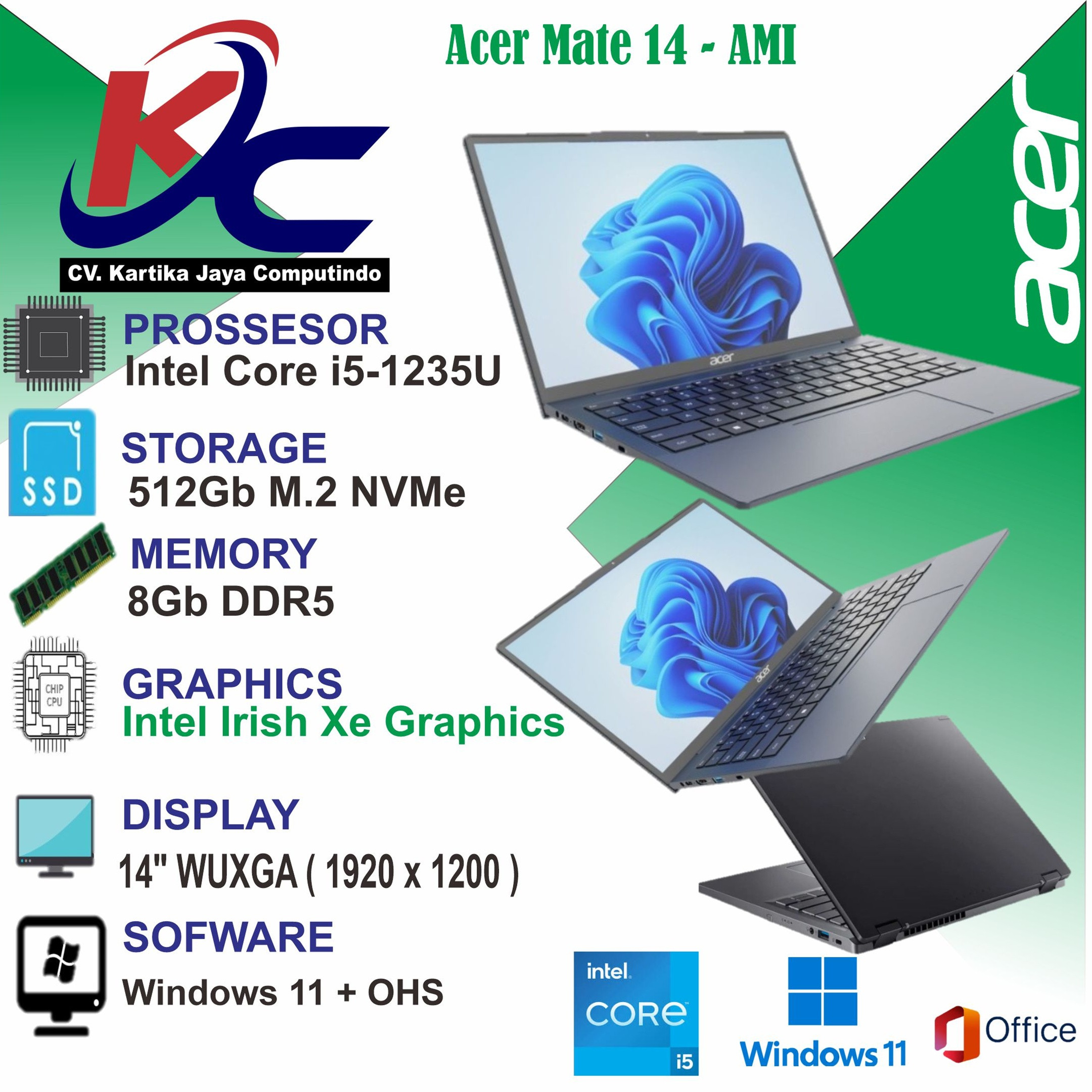 ACER MATE14 AM1  I5-1235U/ 8GB/ SSD 512GB/ W11 OHS+M365 BLACK